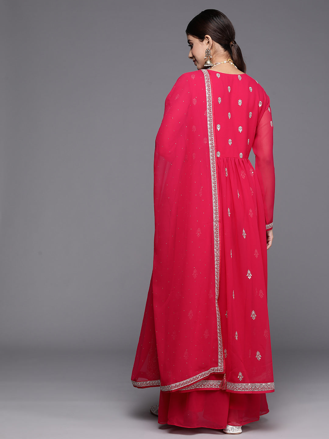  Hot Pink Embroidered Georgette A-Line Kurta With Palazzos & Dupatta 