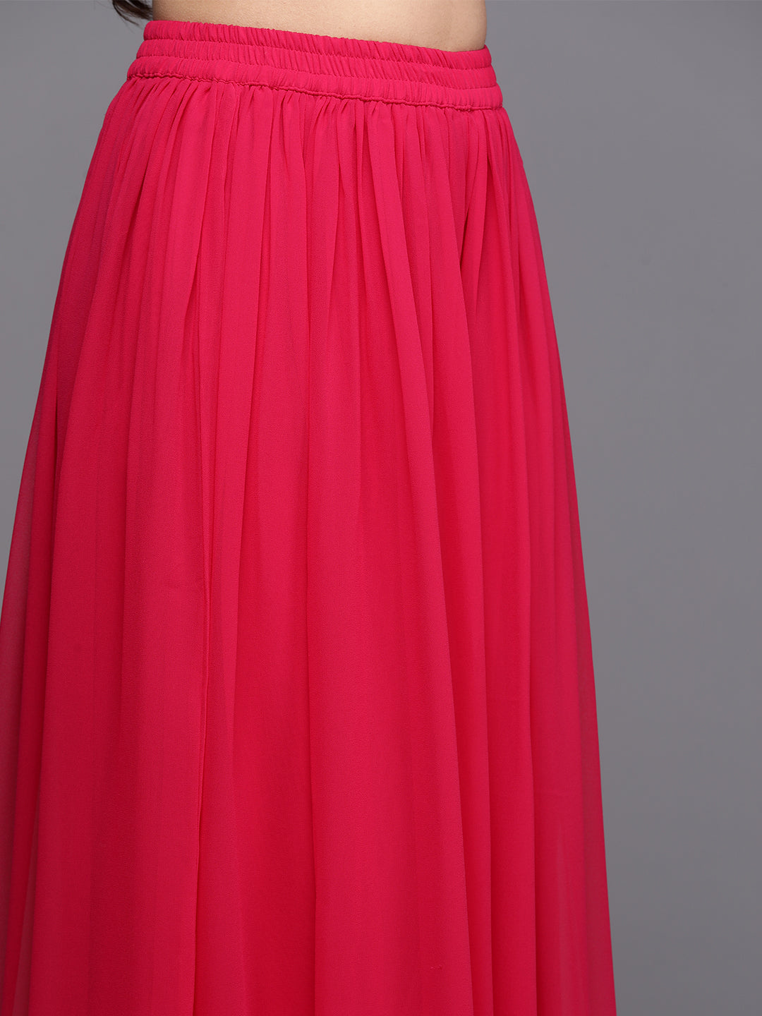  Hot Pink Embroidered Georgette A-Line Kurta With Palazzos & Dupatta 