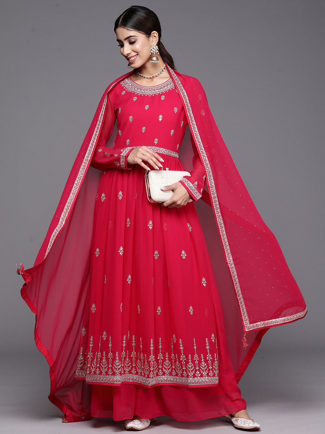 libas Hot Pink Embroidered Georgette A-Line Kurta With Palazzos & Dupatta-picture-14