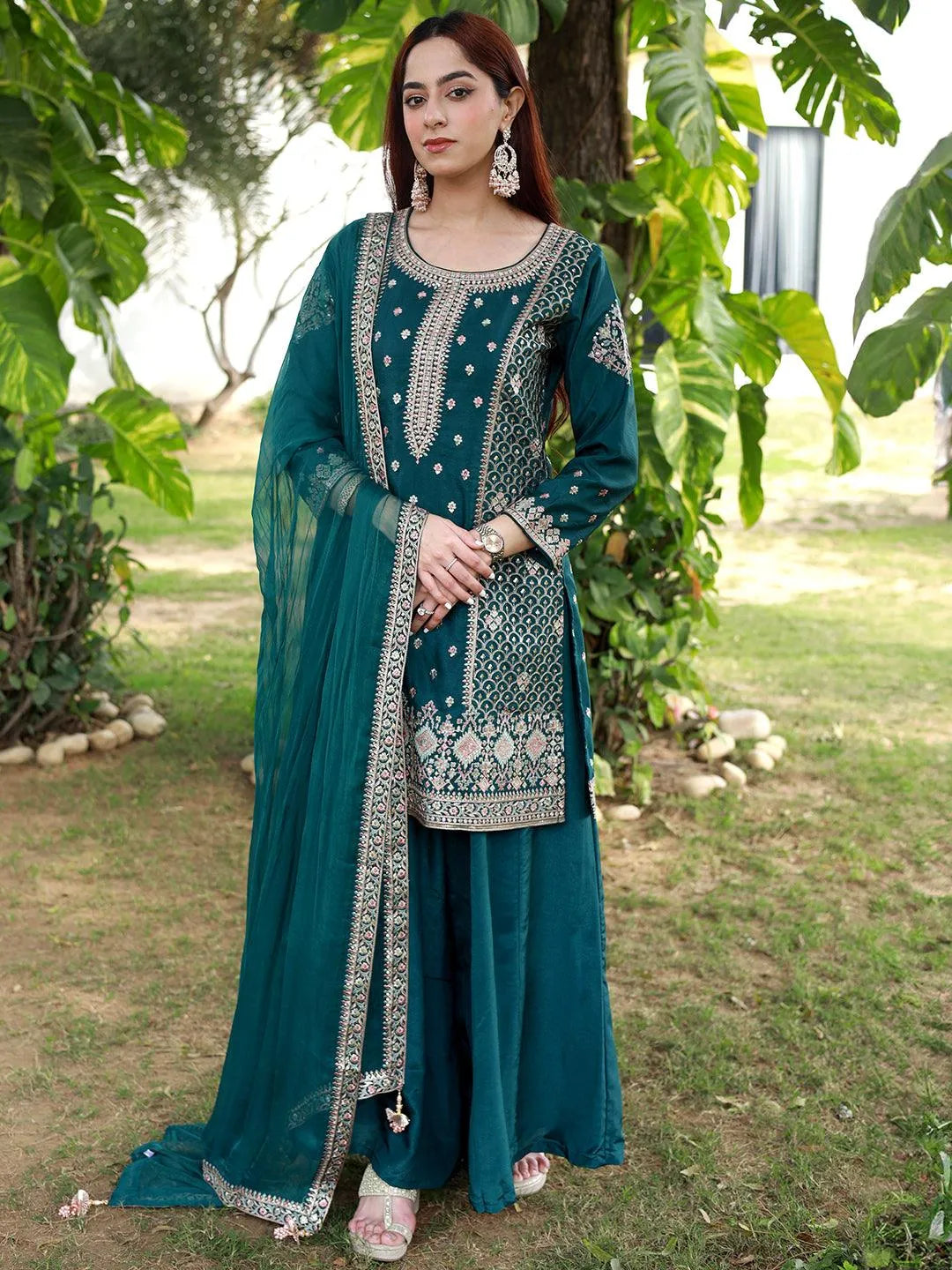 Buy Libas Art Green Embroidered Silk Straight Suit With Dupatta Online ...