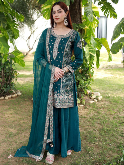 Libas Art Green Embroidered Silk Straight Suit With Dupatta - Libas