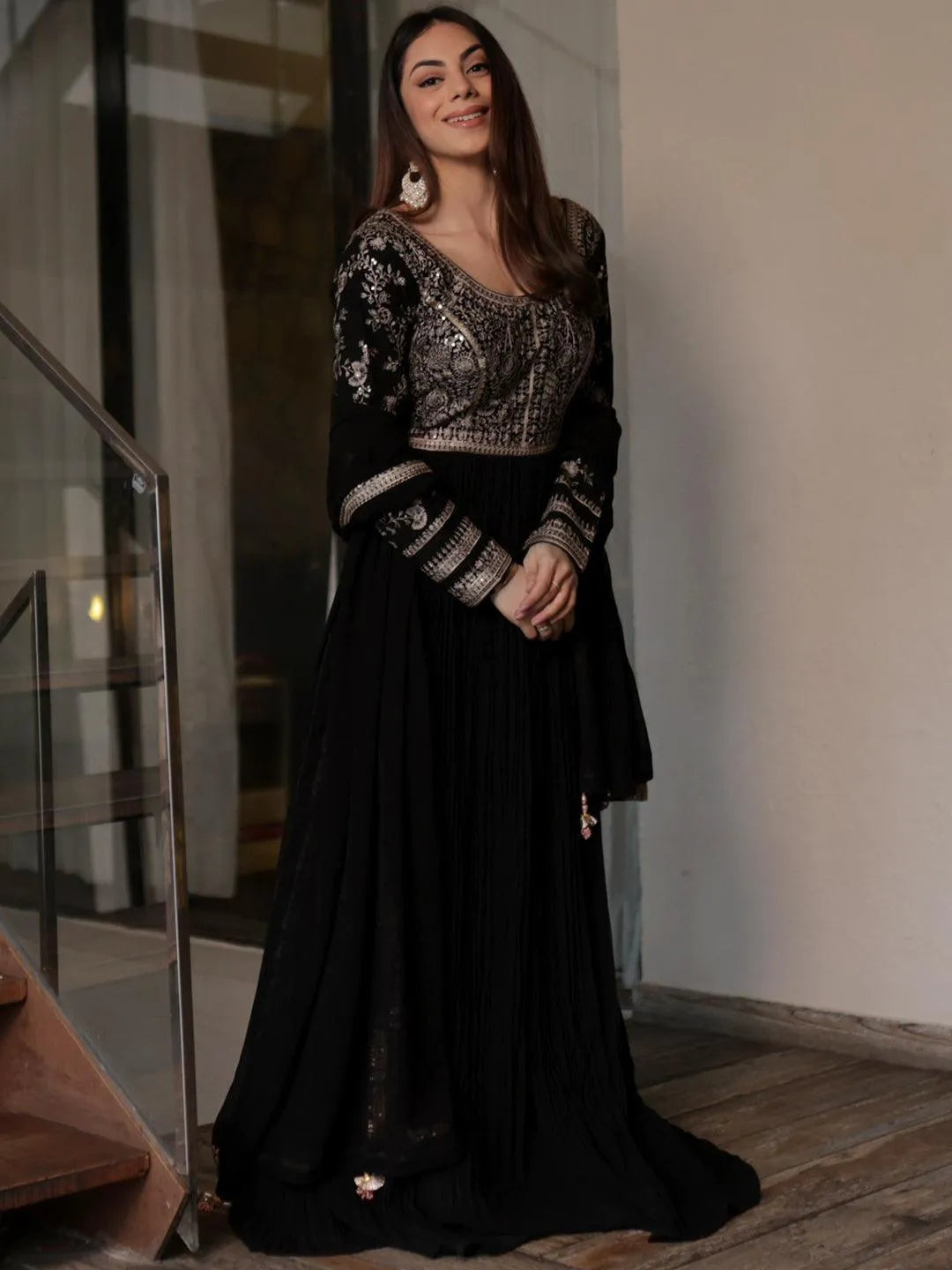 Libas Art Black Embroidered Georgette Anarkali Kurta With Trousers & Dupatta - Libas 