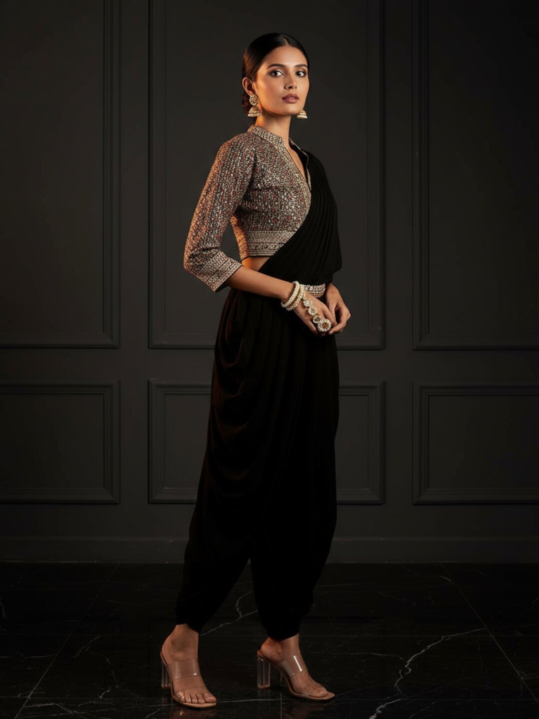 Libas Art Black Embroidered Georgette Dhoti Saree-picture-63