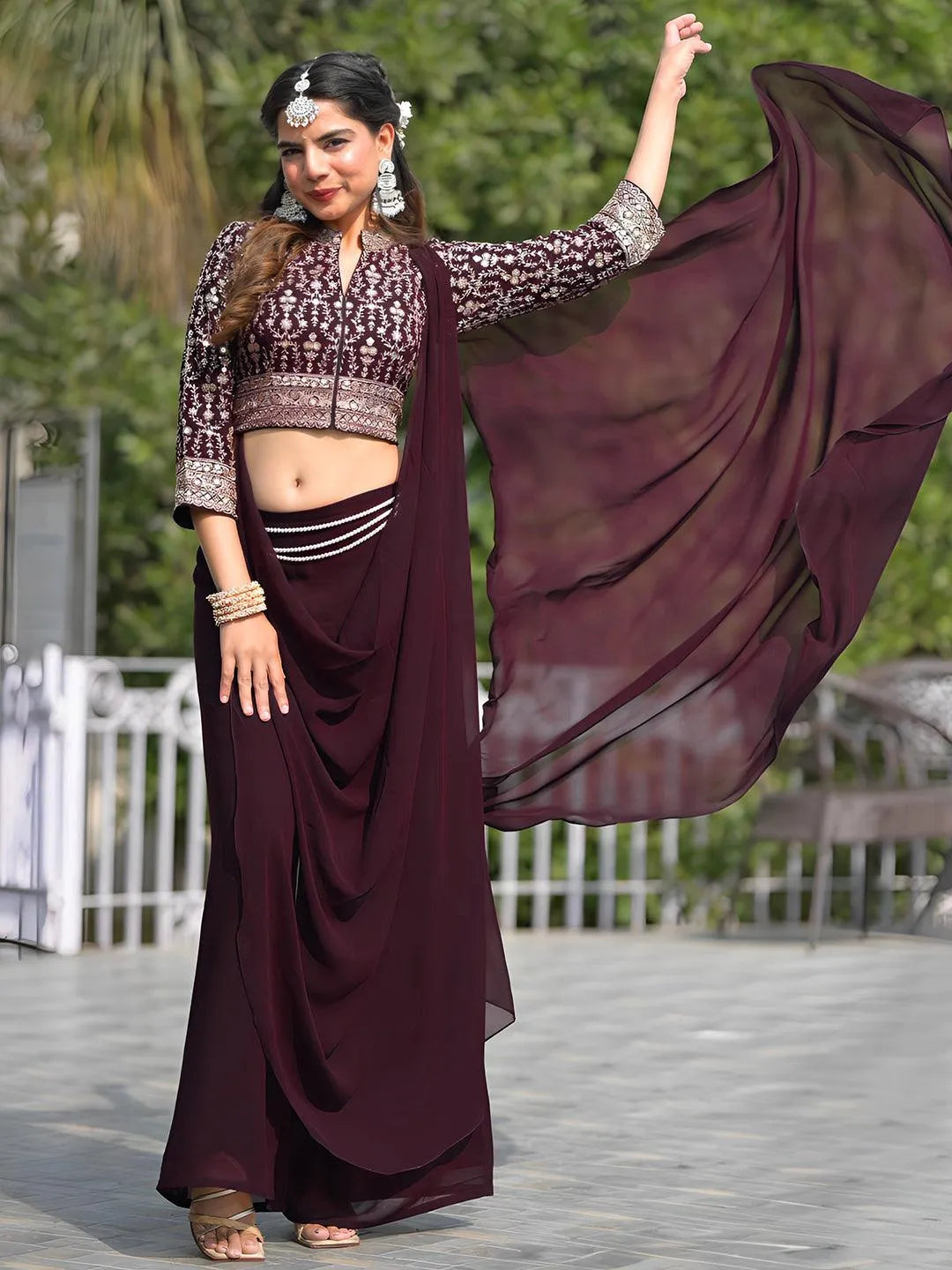 Libas Art Wine Embellished Georgette Top With Palazzos - Libas