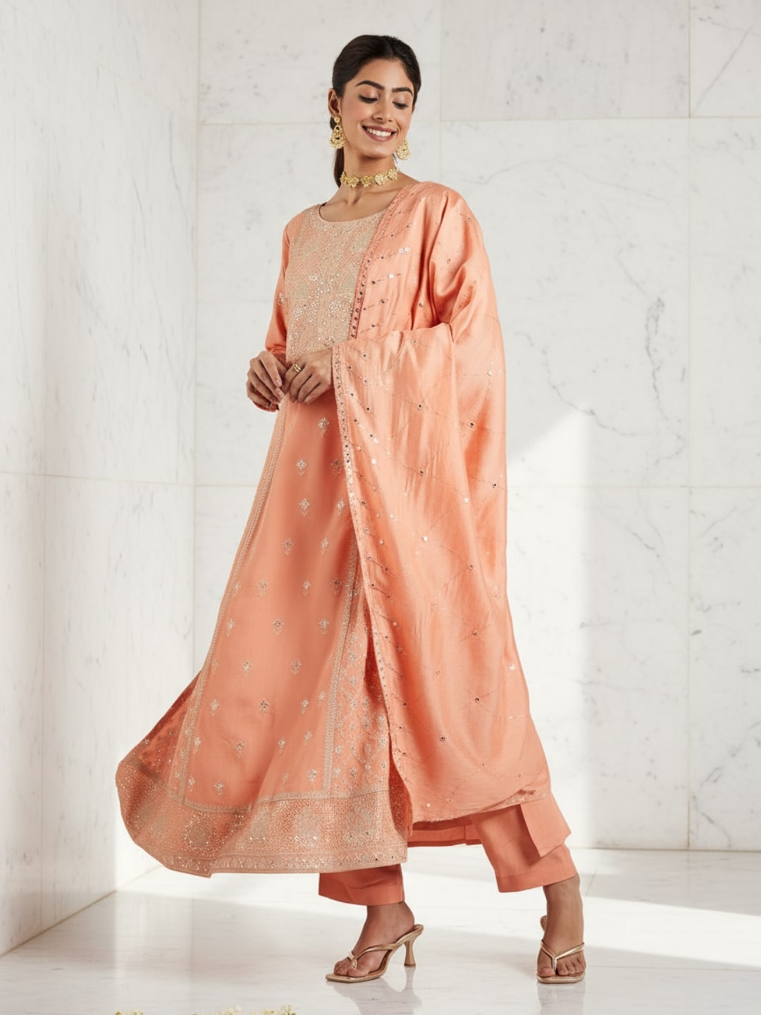 Libas Art Peach Embroidered Silk Blend A-Line Kurta With Trousers & Dupatta