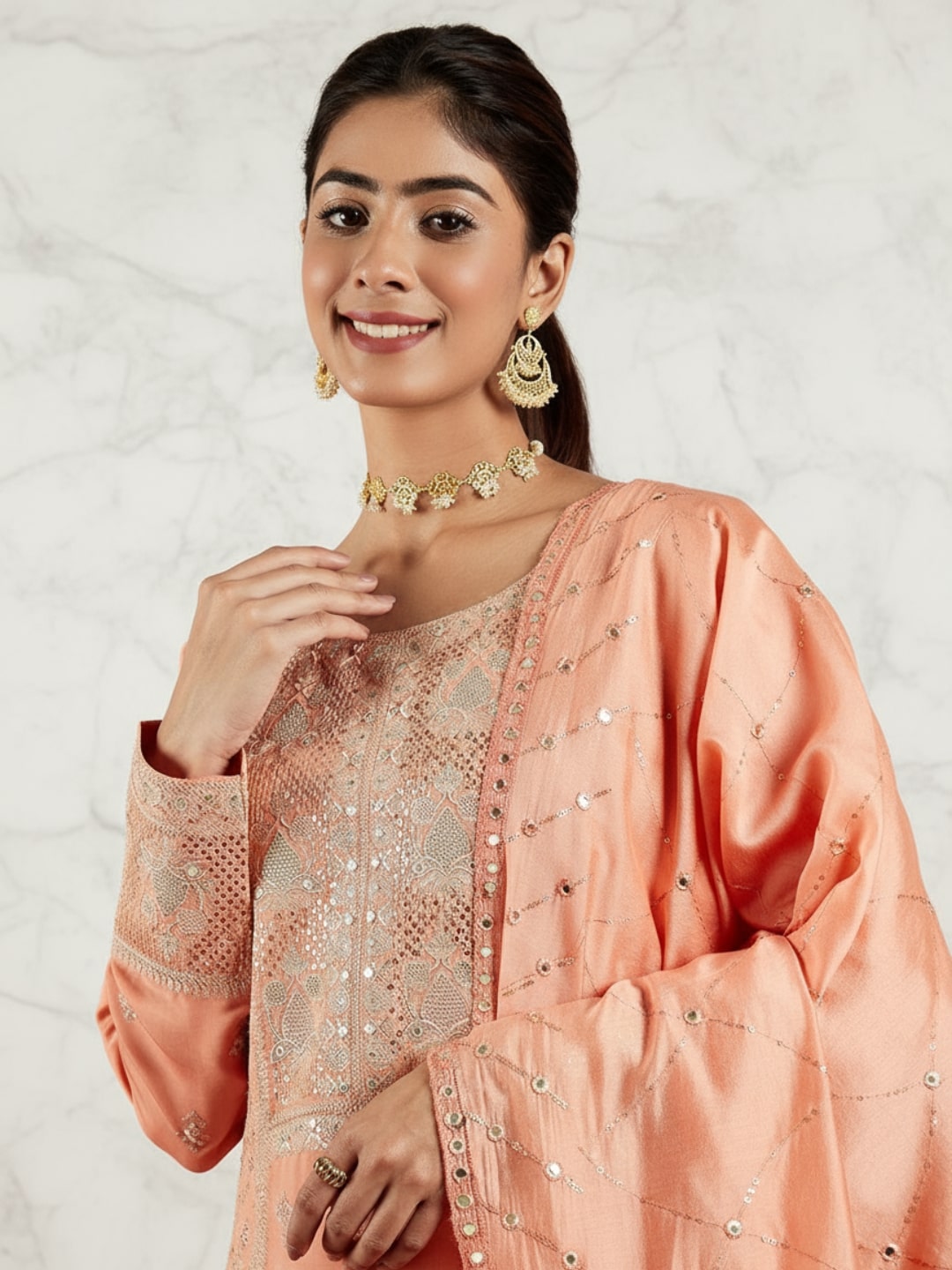  Libas Art Peach Embroidered Silk Blend A-Line Kurta With Trousers & Dupatta 