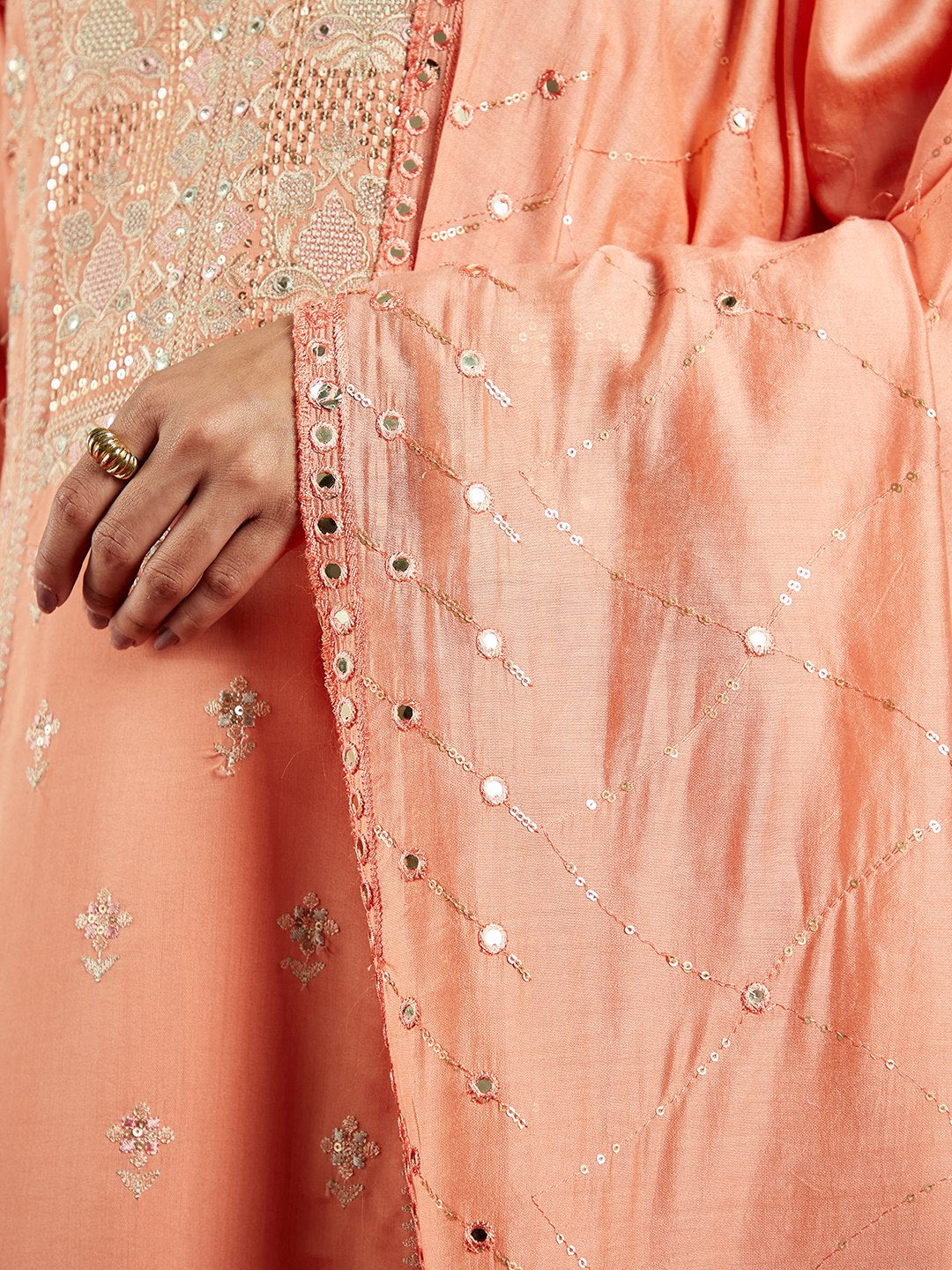  Libas Art Peach Embroidered Silk Blend A-Line Kurta With Trousers & Dupatta 