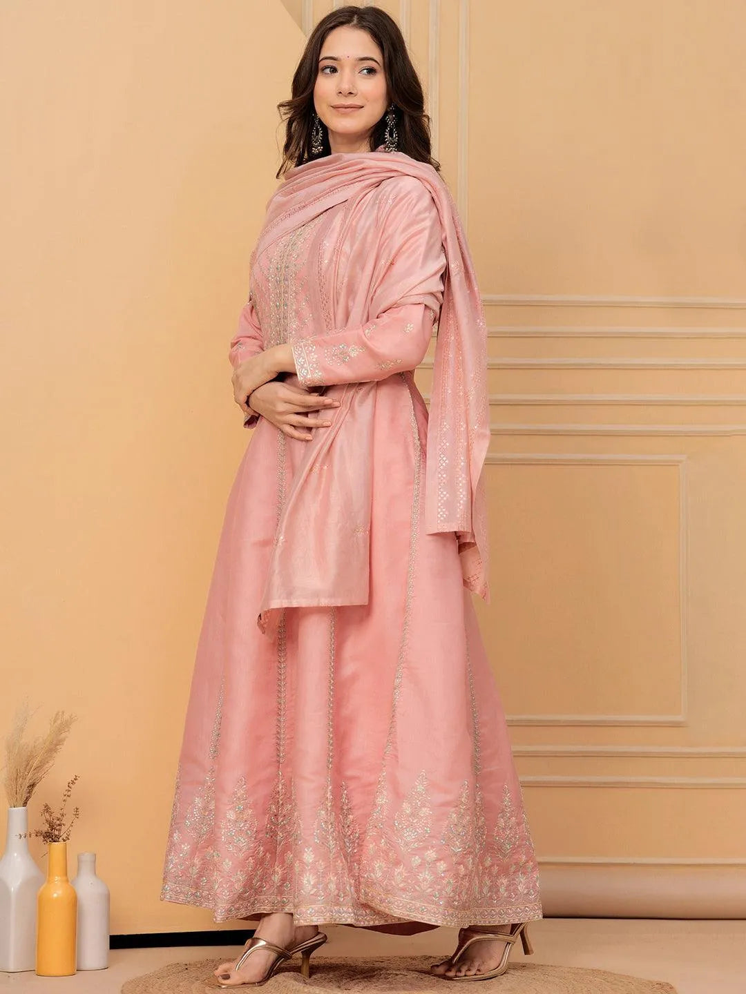 Ishin Women's Silk Blend Embroidered Kurta Set – Pink A-Line Kurta With Trousers & Dupatta