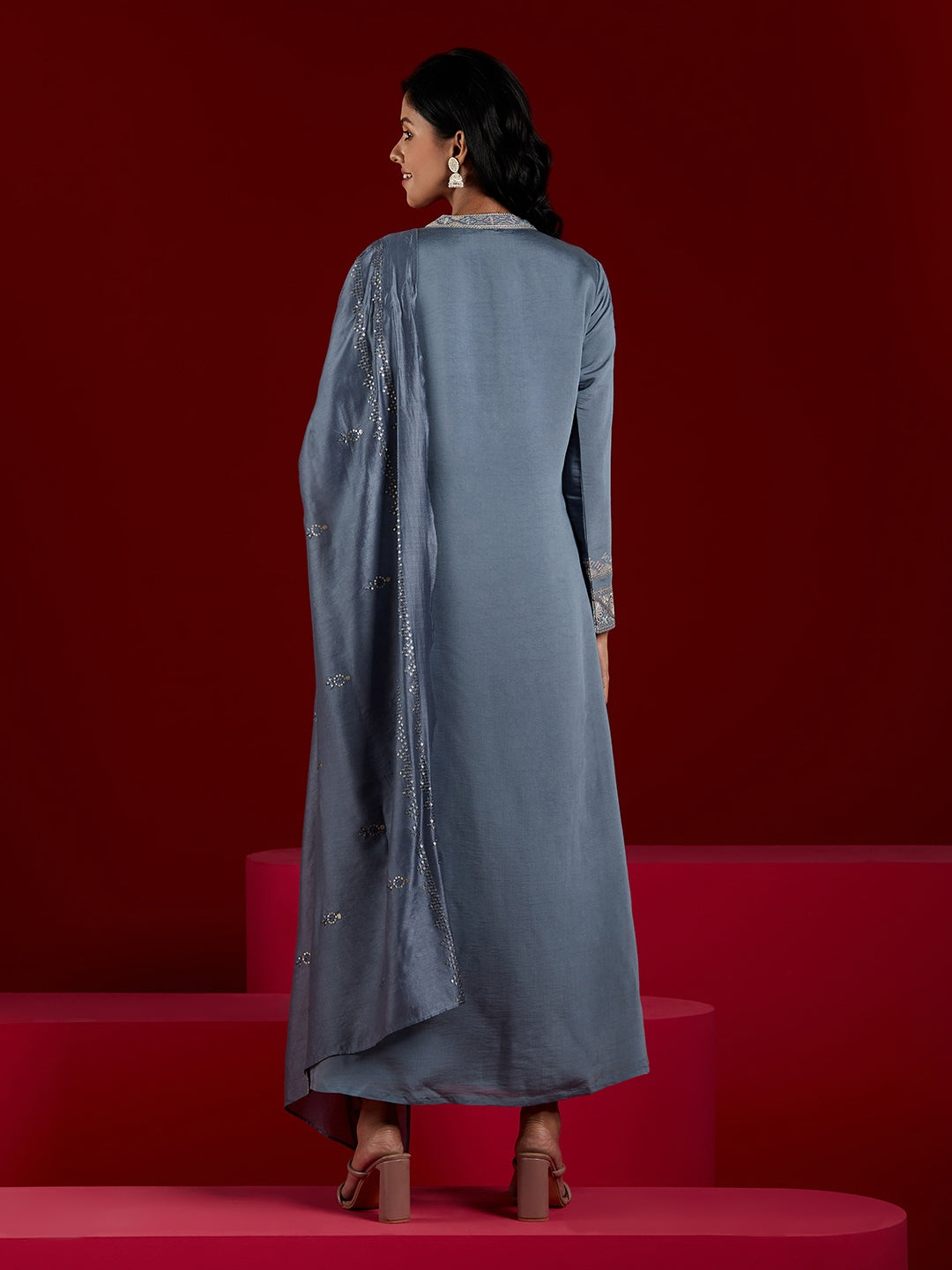  Libas Art Grey Embroidered Silk Blend A-Line Kurta With Trousers & Dupatta 