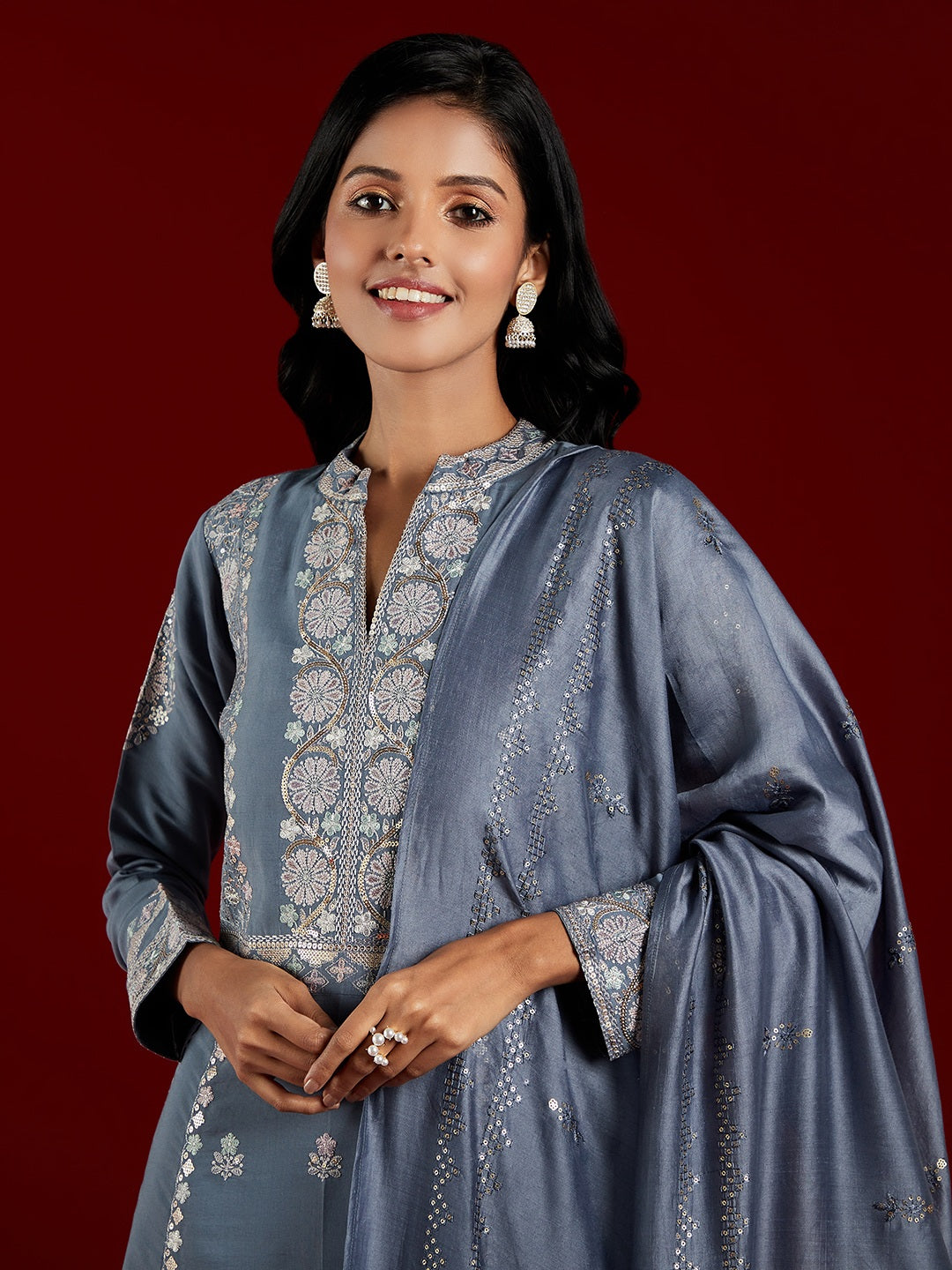  Libas Art Grey Embroidered Silk Blend A-Line Kurta With Trousers & Dupatta 