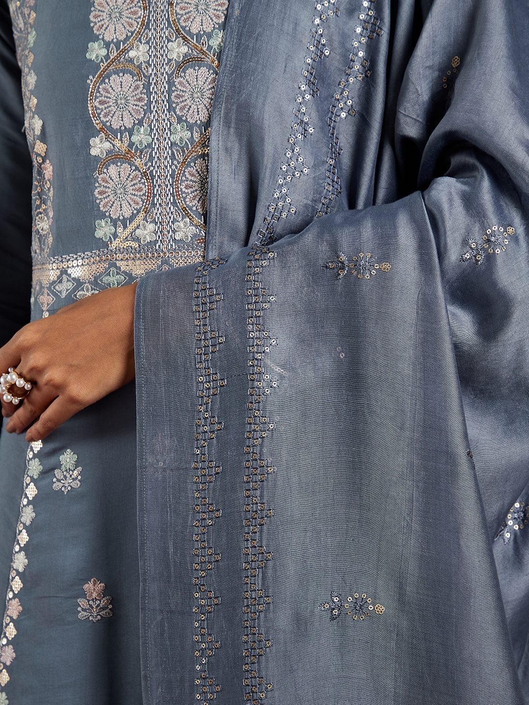  Libas Art Grey Embroidered Silk Blend A-Line Kurta With Trousers & Dupatta 