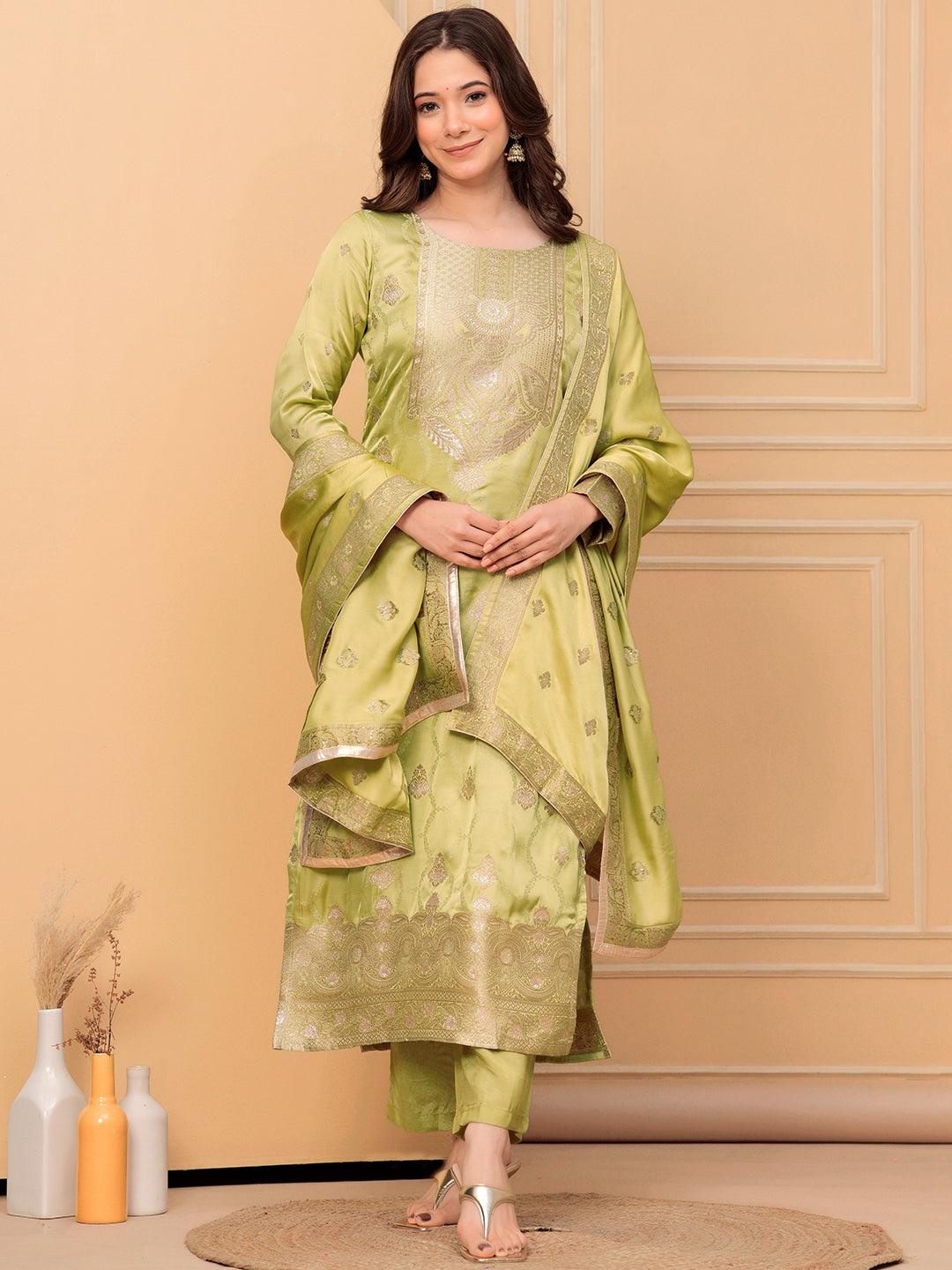 Libas Art Green Woven Design Silk Straight Suit With Dupatta