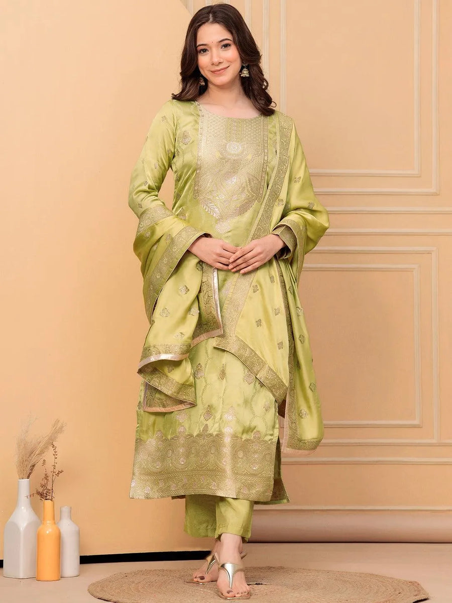 Buy Libas Art Green Woven Design Silk Straight Suit With Dupatta Online