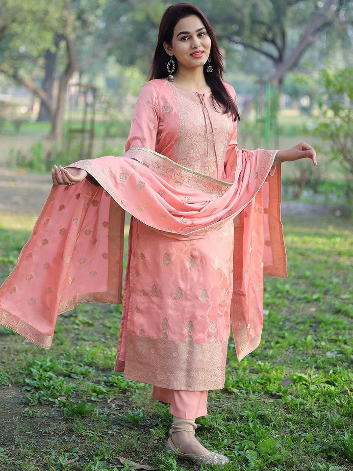 Libas Art Peach Woven Design Silk Straight Suit With Dupatta - Libas