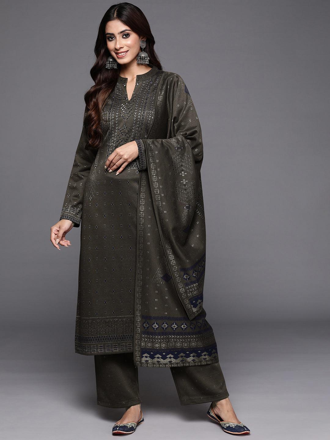 Brown Woven Design Wool Blend Straight Suit With Dupatta