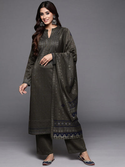 Brown Woven Design Wool Blend Straight Suit With Dupatta - Libas