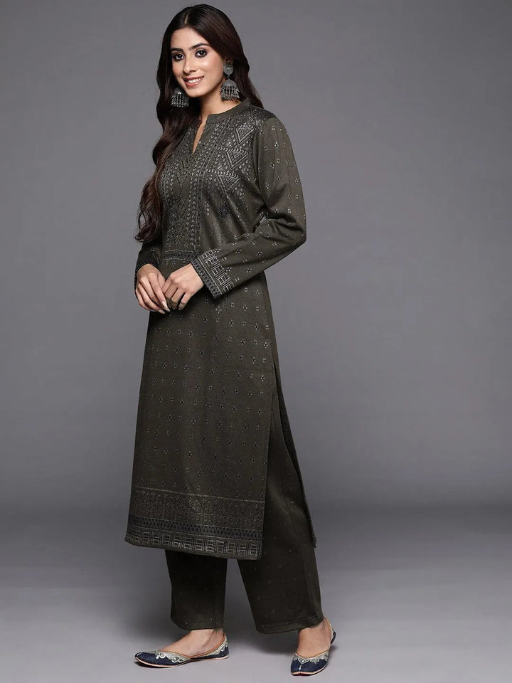 Brown Woven Design Wool Blend Straight Suit With Dupatta - Libas