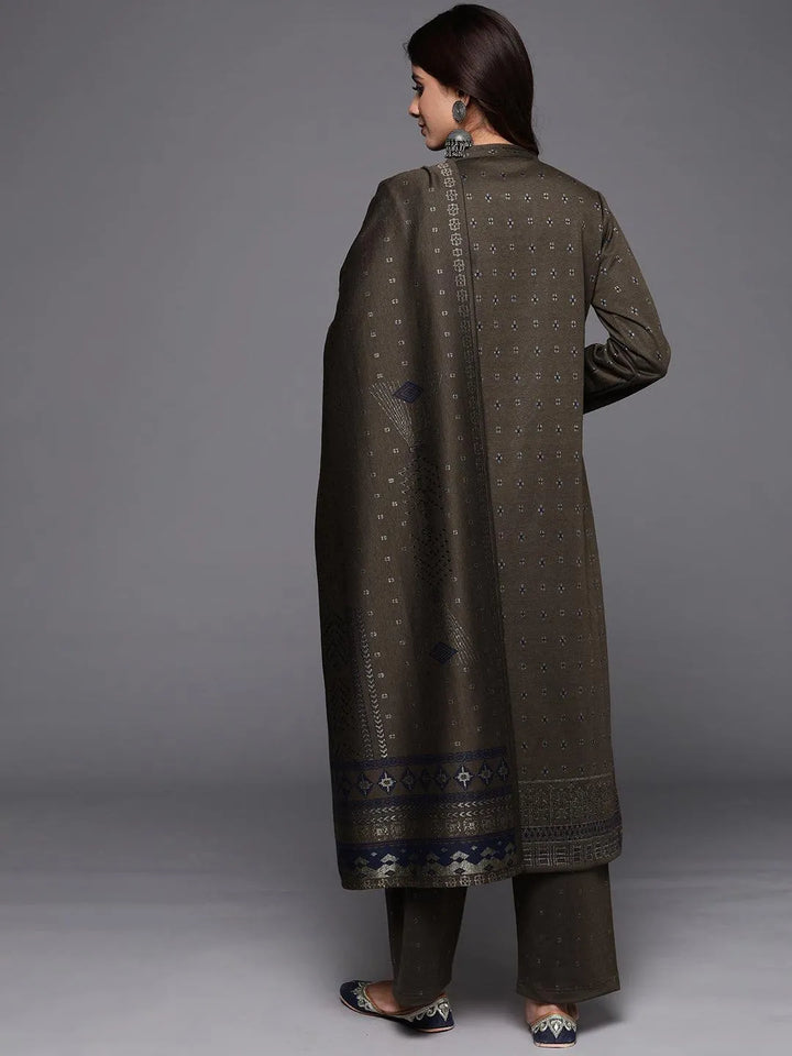 Brown Woven Design Wool Blend Straight Suit With Dupatta - Libas