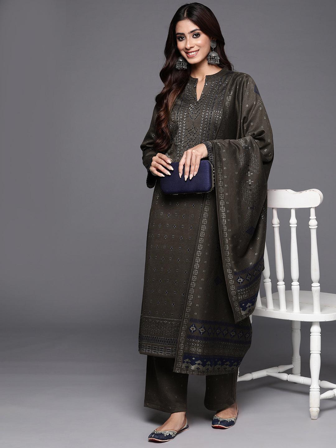 Brown Woven Design Wool Blend Straight Suit With Dupatta