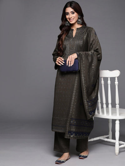 Brown Woven Design Wool Blend Straight Suit With Dupatta - Libas
