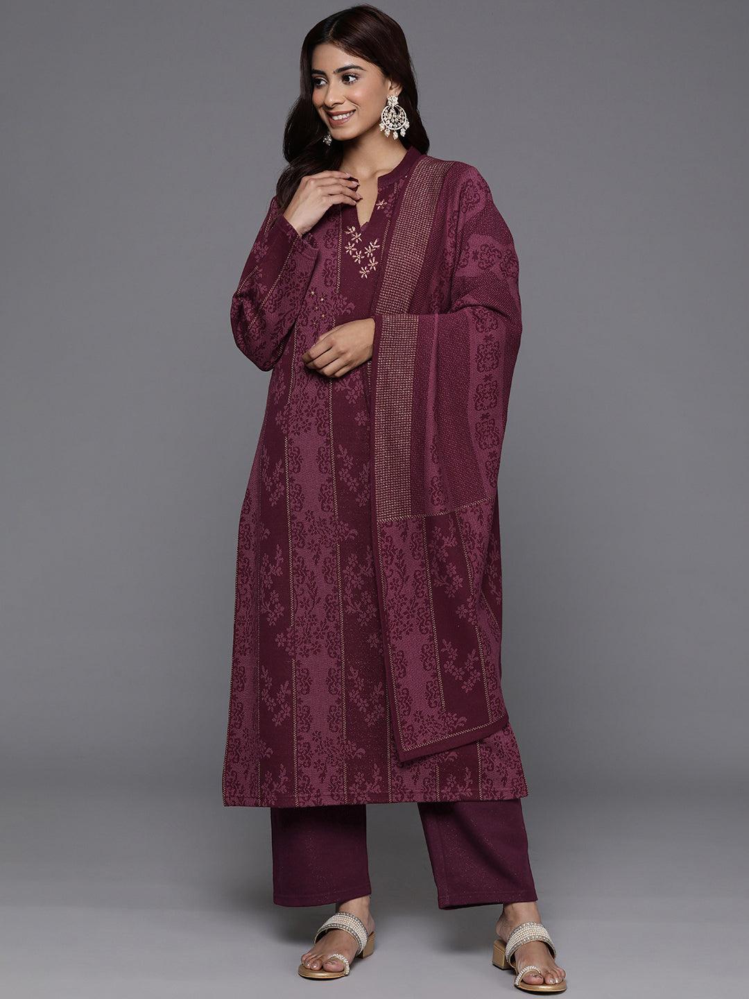 Maroon Self Design Wool Blend Straight Suit With Dupatta