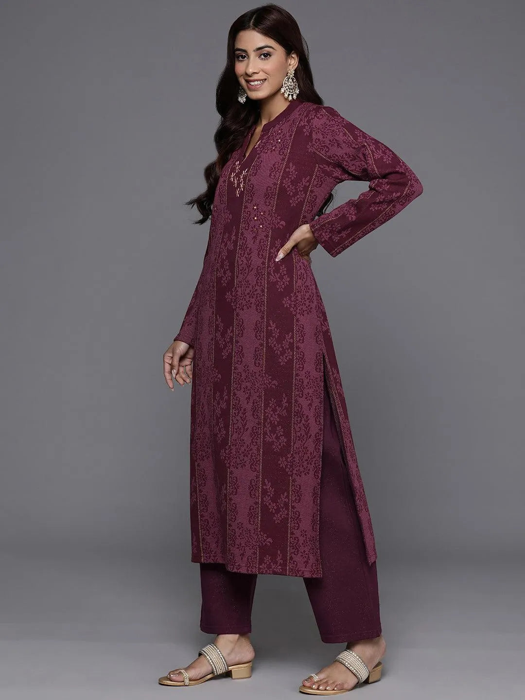 Maroon Self Design Wool Blend Straight Kurta With Trousers & Dupatta - Libas 