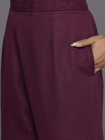 Maroon Self Design Wool Blend Straight Kurta With Trousers & Dupatta - Libas
