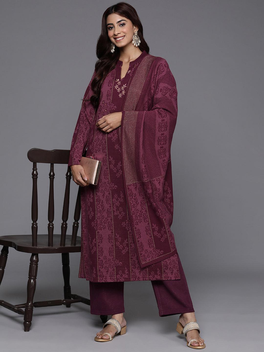 Maroon Self Design Wool Blend Straight Suit With Dupatta