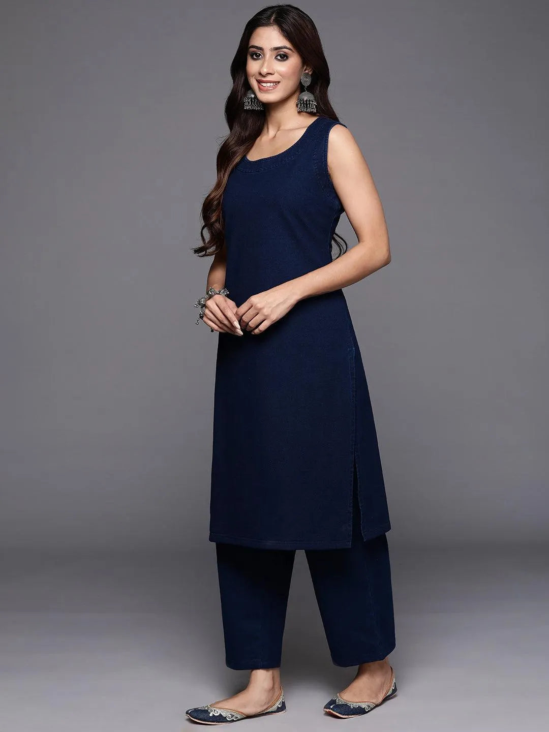 Blue Printed Wool Blend Straight Kurta Set - Libas 