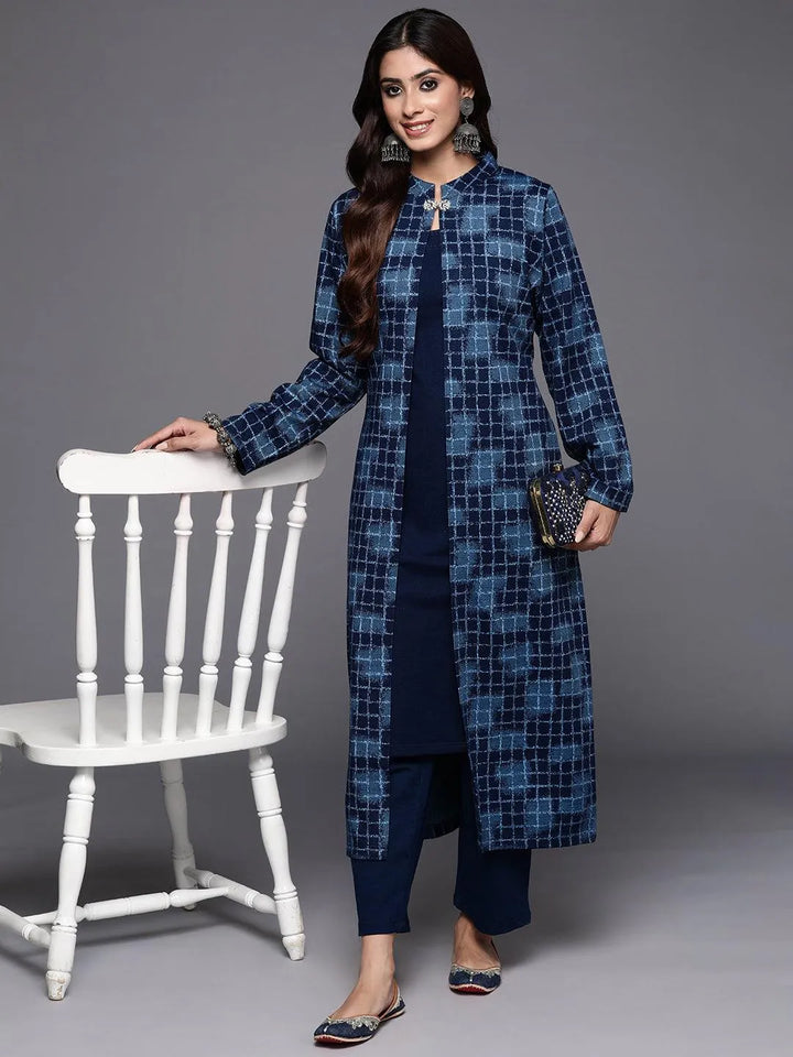 Blue Printed Wool Blend Straight Kurta Set - Libas