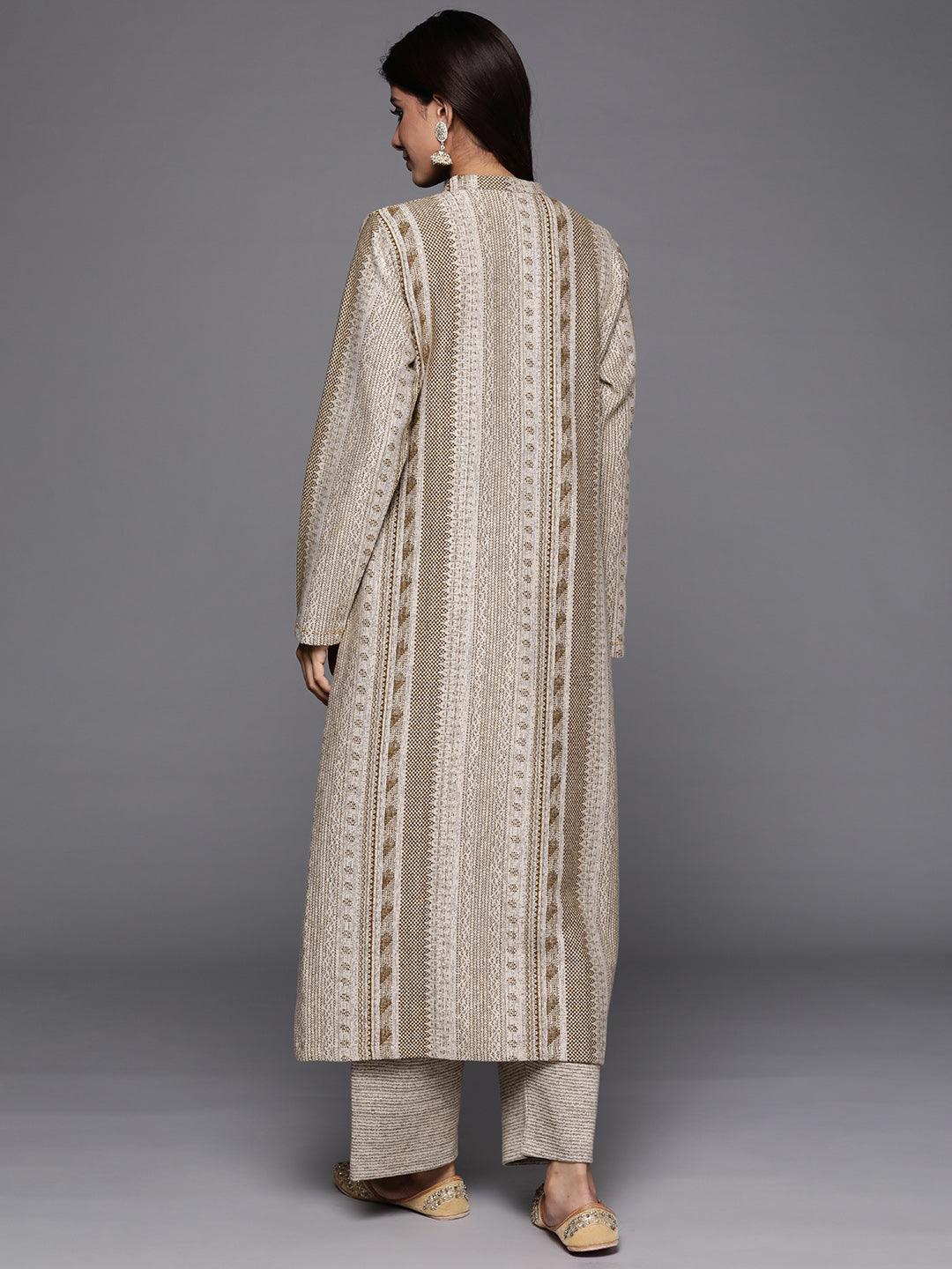 Beige Self Design Wool Blend A-Line Kurta With Trousers