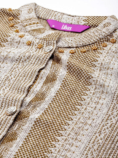 Beige Self Design Wool Blend A-Line Kurta With Trousers - Libas