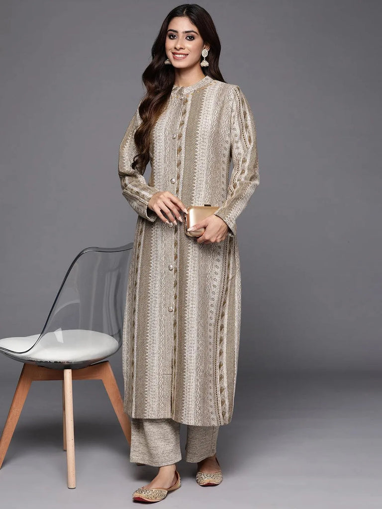 Libas Beige Self Design Wool Blend A-Line Kurta With Trousers