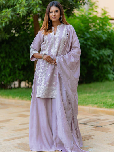 Libas Art Mauve Embroidered Silk Blend Straight Suit With Dupatta - Libas
