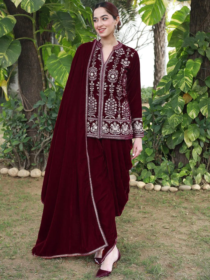 Libas Art Maroon Embroidered Velvet Straight Suit With Dupatta - Libas