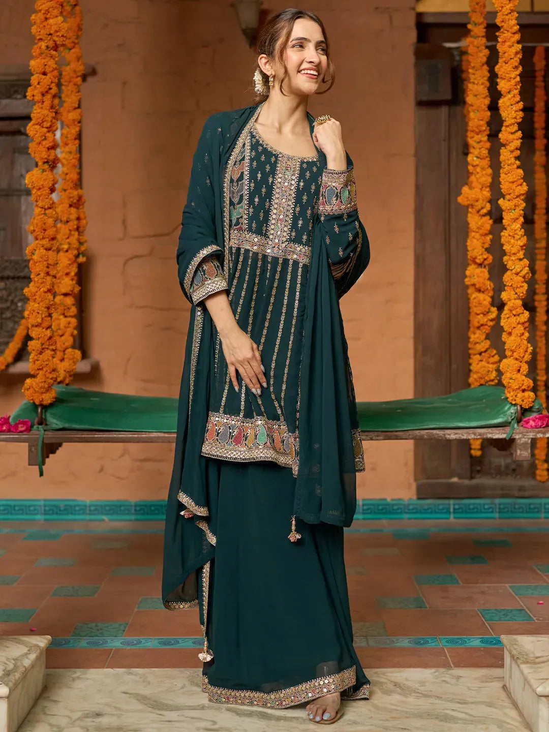  Libas Art Green Embroidered Georgette Anarkali Suit With Dupatta 