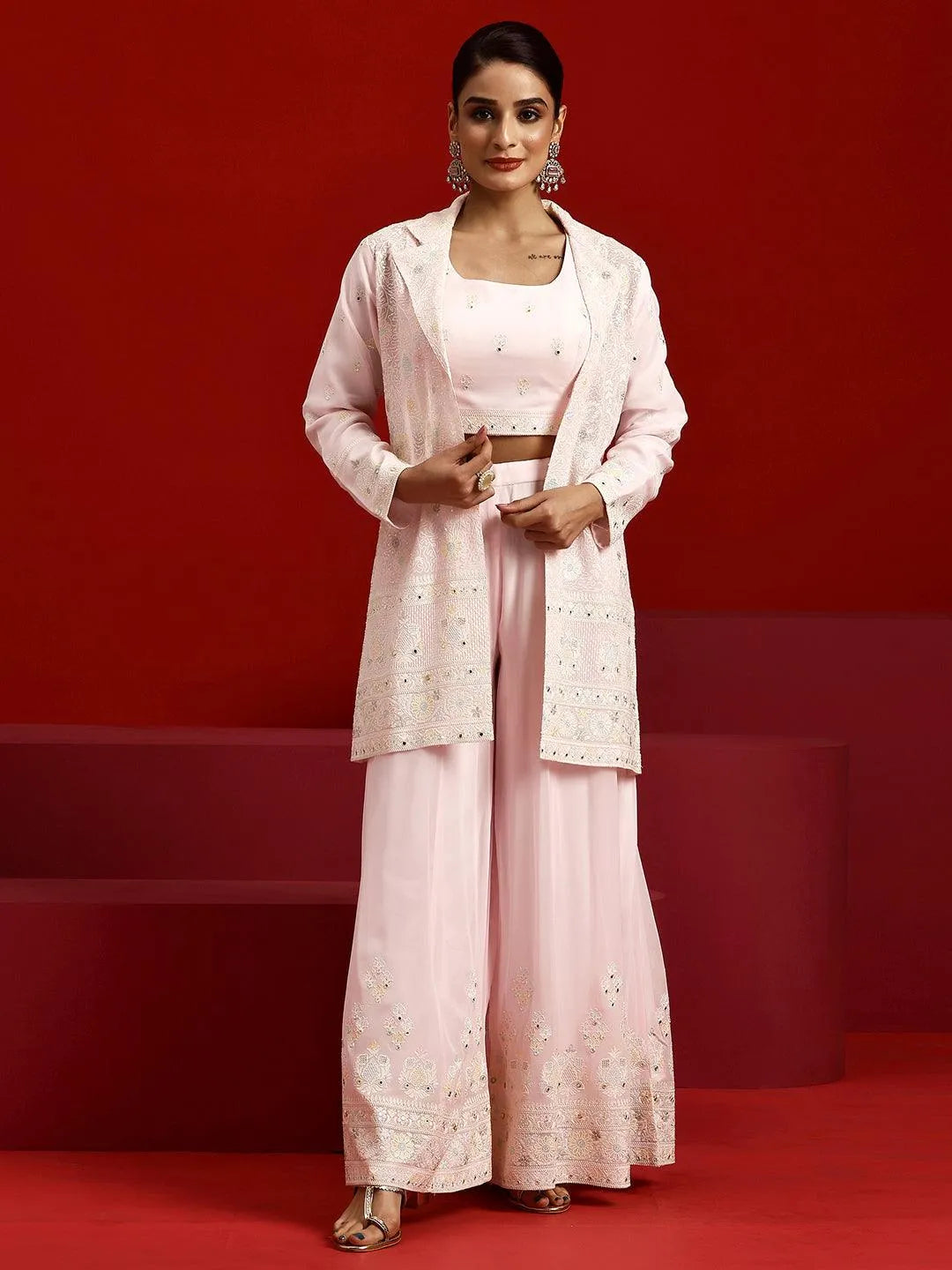 Libas Art Peach Embroidered Georgette 3 Piece Co-Ords-image-34