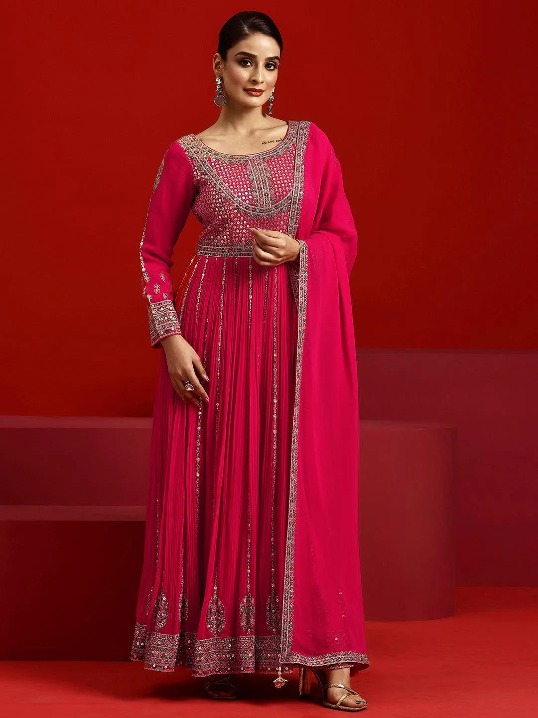 Libas Art Pink Embroidered Georgette A-Line Kurta With Trousers & Dupatta - Libas 
