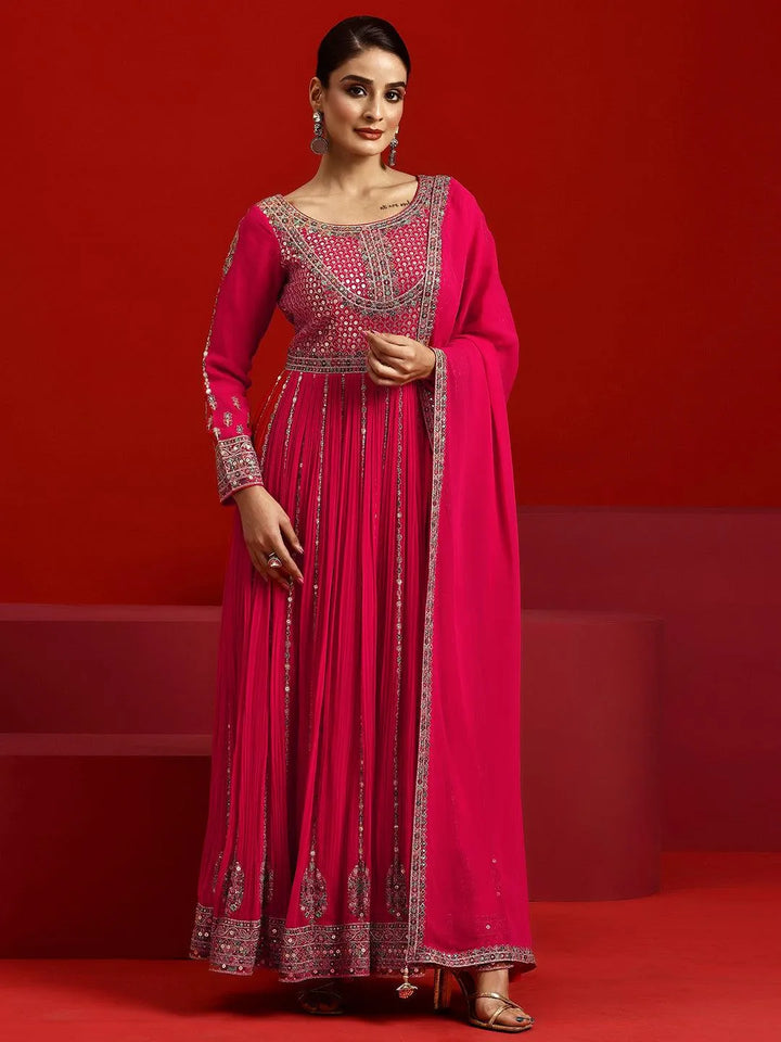 Libas Art Pink Embroidered Georgette A-Line Kurta With Trousers & Dupatta - Libas