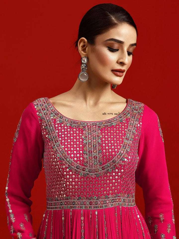 Libas Art Pink Embroidered Georgette A-Line Kurta With Trousers & Dupatta - Libas