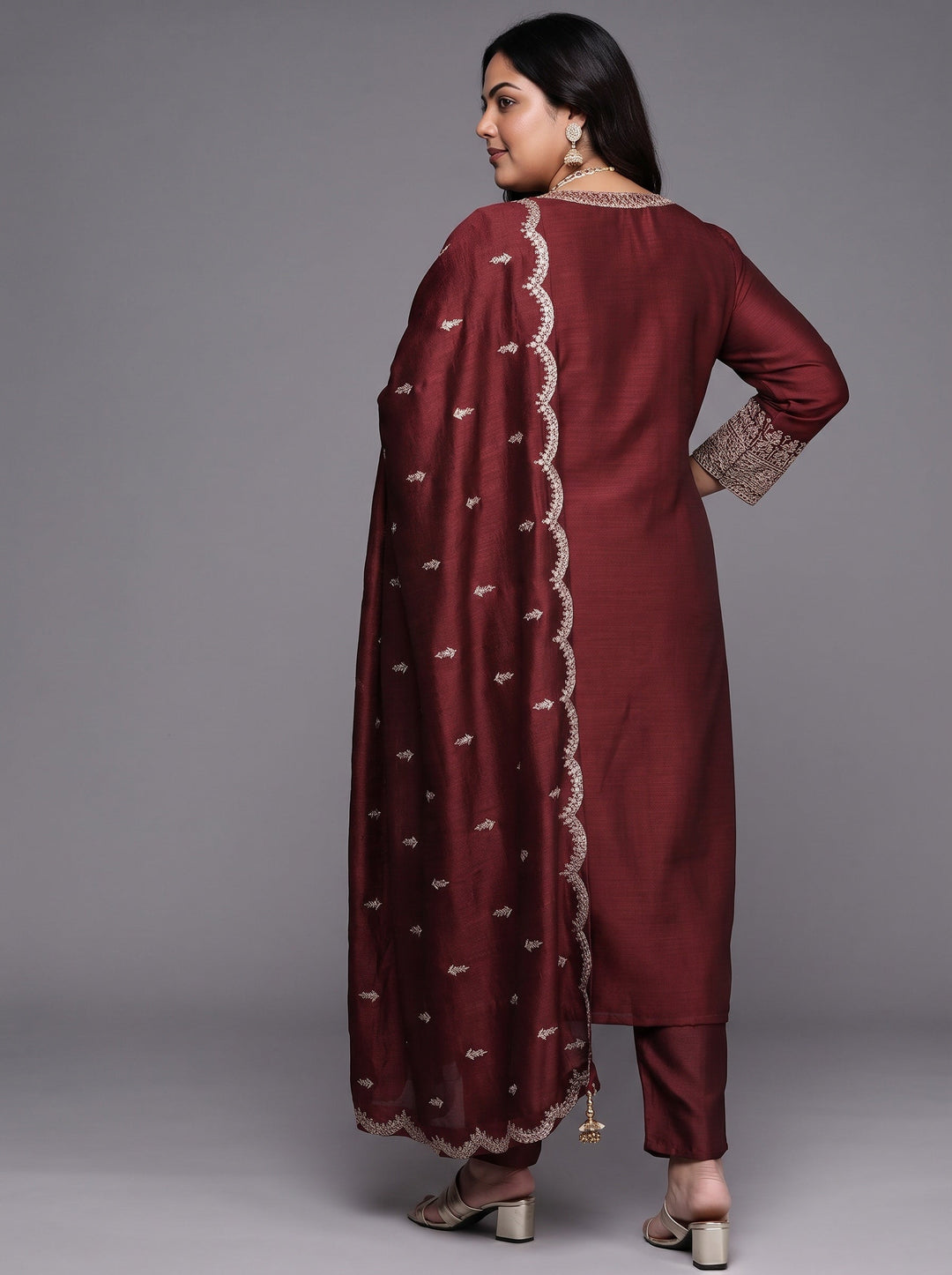  Plus Size Maroon Embroidered Silk Blend Pakistani Suit 
