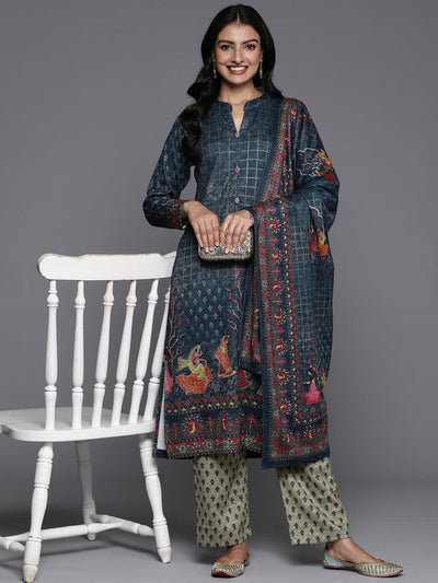 Blue Printed Wool Blend Straight Suit With Dupatta - Libas