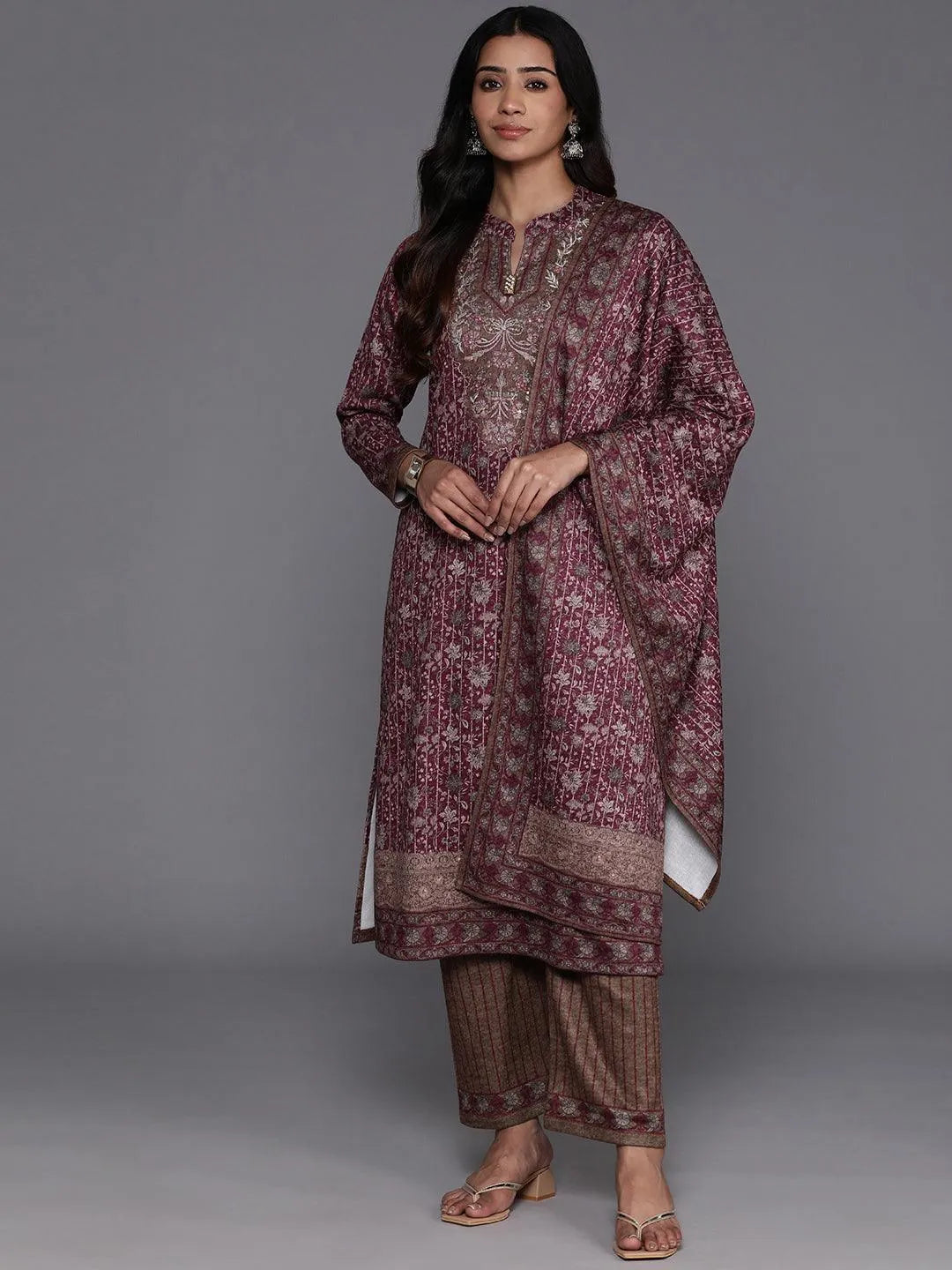 Maroon Printed Wool Blend Straight Kurta With Palazzos & Dupatta - Libas 
