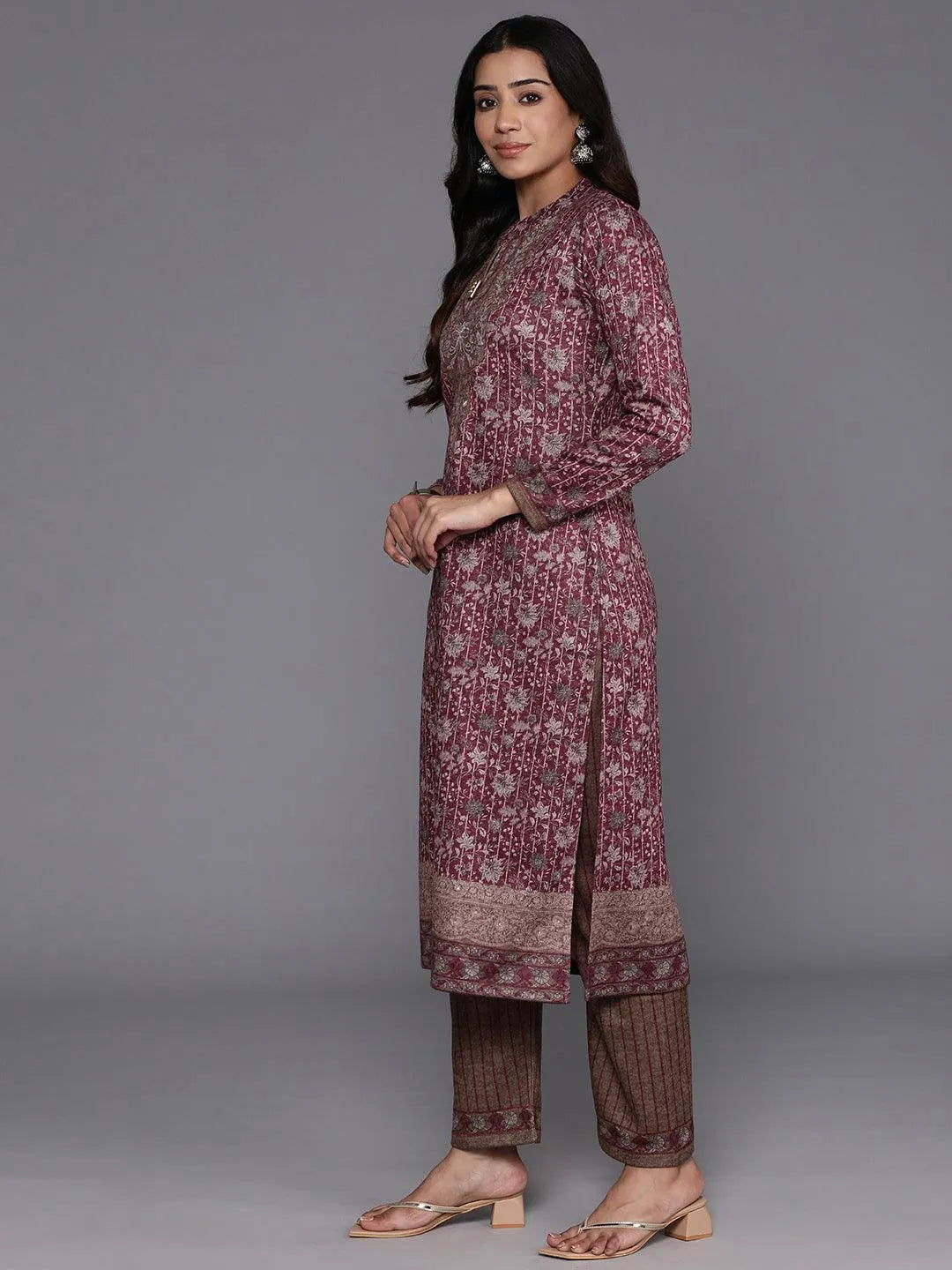 Maroon Printed Wool Blend Straight Kurta With Palazzos & Dupatta - Libas 