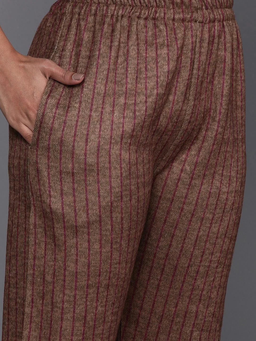 Maroon Printed Wool Blend Straight Kurta With Palazzos & Dupatta - Libas 