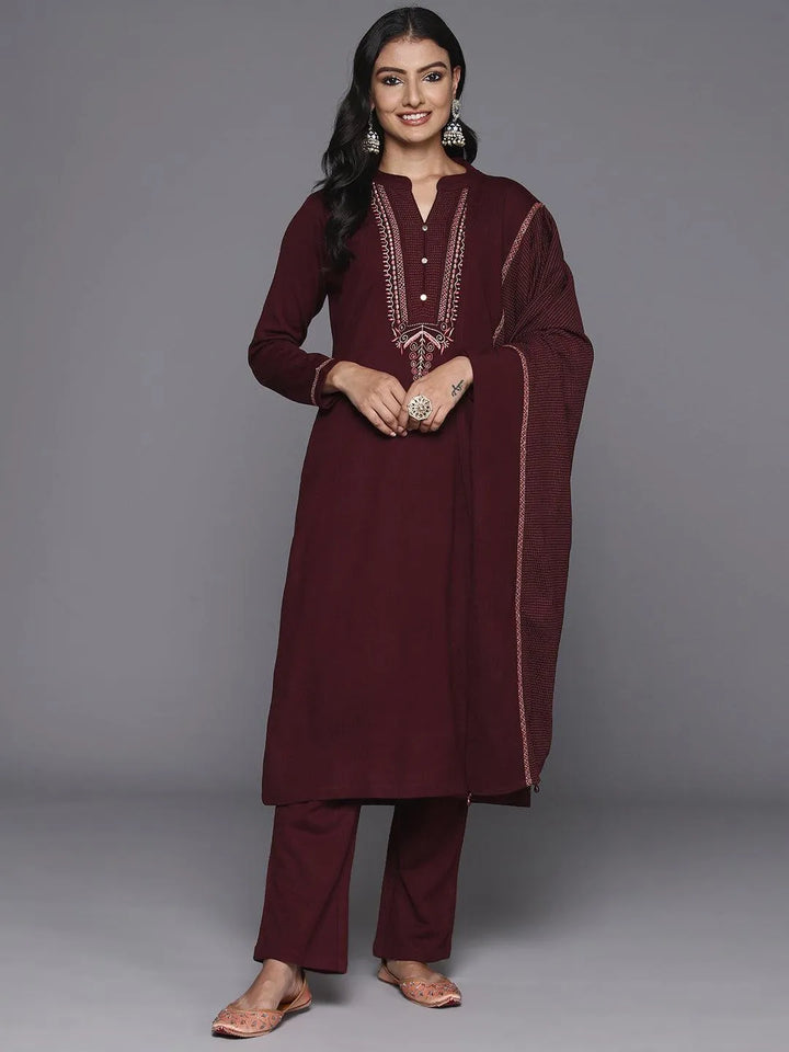 Maroon Yoke Design Wool Blend Straight Kurta With Palazzos & Dupatta - Libas