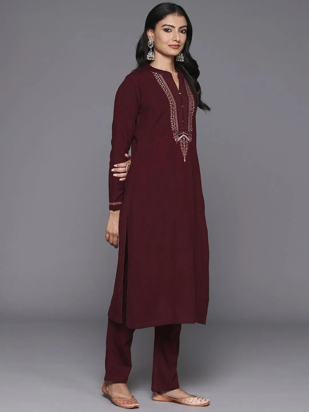 Maroon Yoke Design Wool Blend Straight Kurta With Palazzos & Dupatta - Libas 