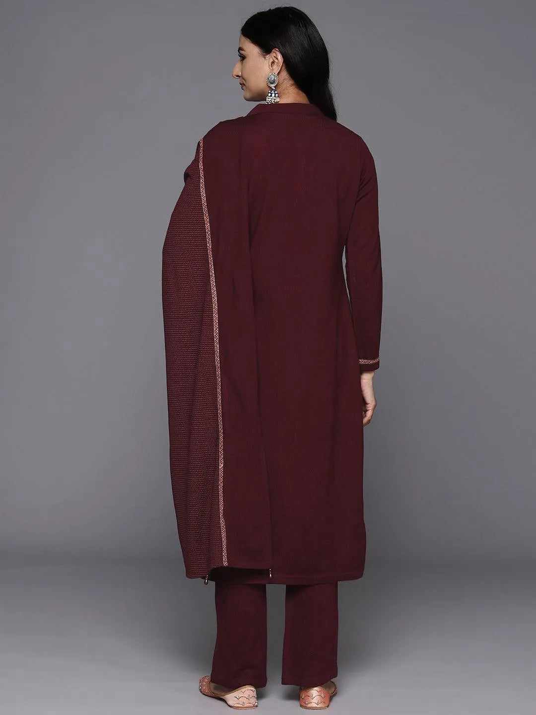 Maroon Yoke Design Wool Blend Straight Kurta With Palazzos & Dupatta - Libas 