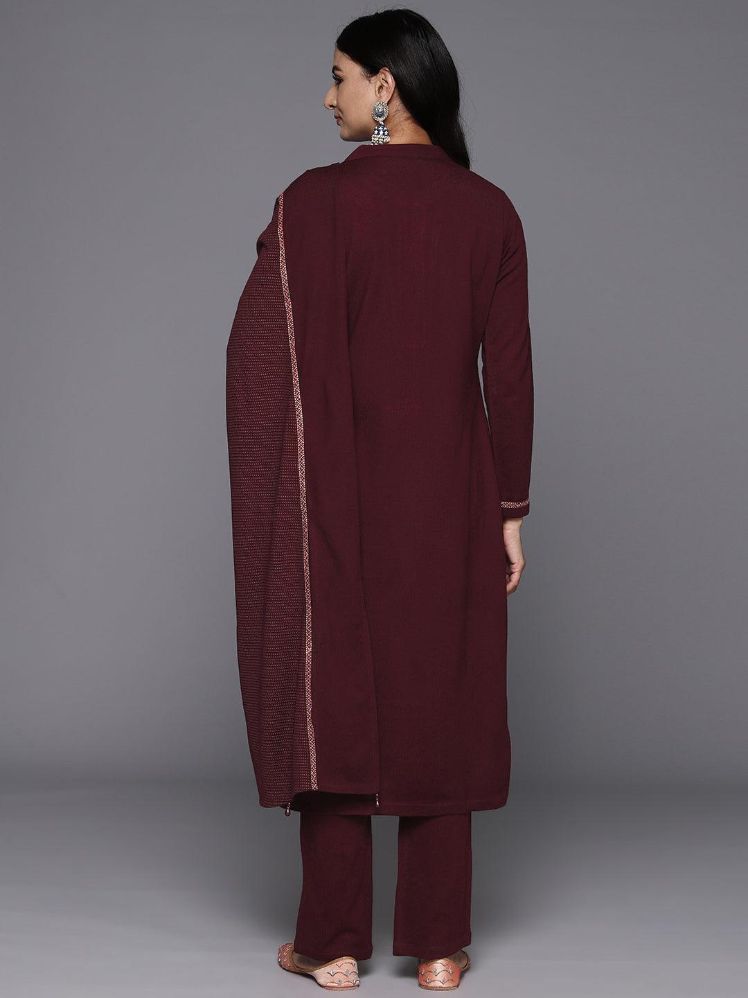 Maroon Yoke Design Wool Blend Straight Kurta With Palazzos & Dupatta - Libas