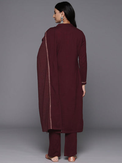 Maroon Yoke Design Wool Blend Straight Kurta With Palazzos & Dupatta - Libas
